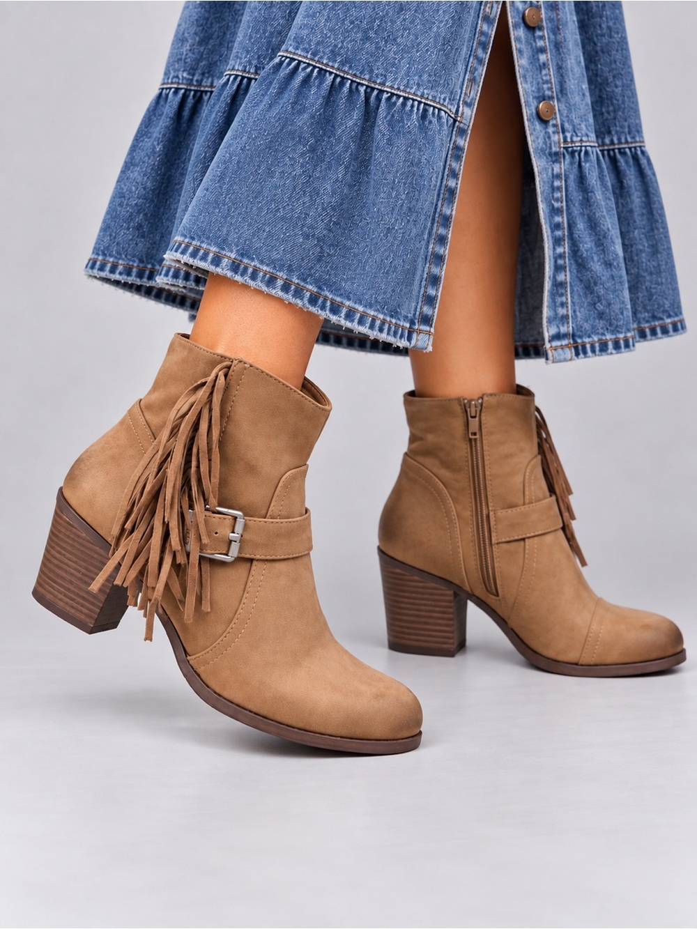 Ladies Circus by Sam Edelman Tan Fringe Buckle Mid Heel Ankle Boots